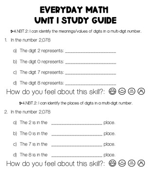 Preview of Everyday Math - Unit 1 Study Guide - Grade 4