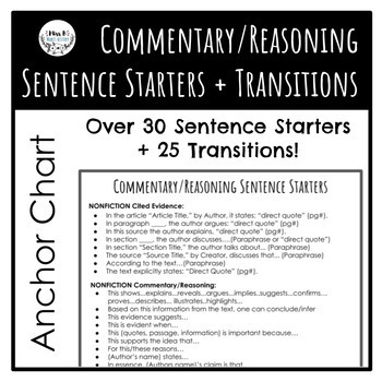 Preview of Evidence/Commentary/Reasoning Sentence Starters and Transitions Anchor Chart