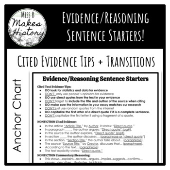 Preview of Evidence/Reasoning Sentence Starters! Transitions! Cited Text Evidence Tips!