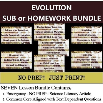 Preview of Evolution Homework Bundle - NO PREP Sub - Common Core Literacy