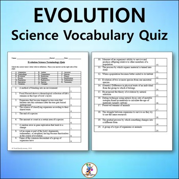 Preview of Evolution Science Vocabulary Quiz - Editable Worksheet