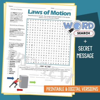 Preview of Newtons 3 Laws Of Motion Word Search Puzzle Vocabulary Activity Review Worksheet