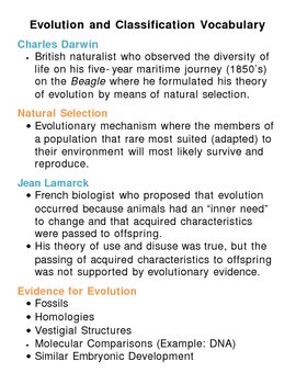 Evolution and Classification Unit Vocabulary Lesson Plan by Lisa Michalek