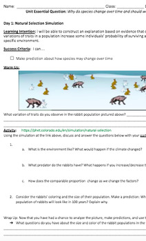 Preview of Evolution unit activities - Natural Selection, adaptation, variation, evidence