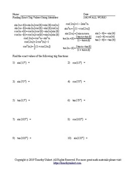 Preview of Exact Values From Trig Addition Identities (in degrees)