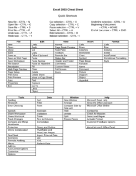 Preview of Excel 2003 Microsoft Office Cheat Sheet and Layout