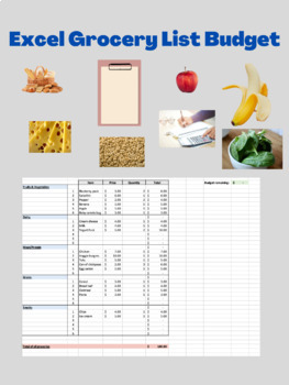 Preview of Excel Budget - Creating a Grocery List, Math, Nutrition, Food Groups, Lifestyle