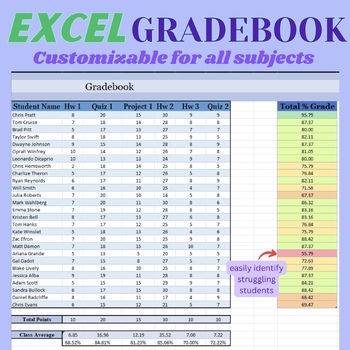 Preview of Excel Grade Book Spreadsheet | Customizable for All Grades