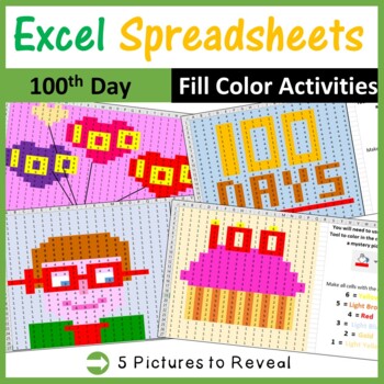 Preview of Excel Spreadsheets 100th day of school Mystery Pictures Fill Color (Pixel Art)