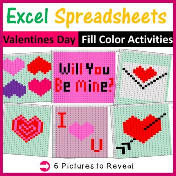 Preview of Valentines Day Fill Color Pixel Art Activities using Excel Spreadsheets - Set 1