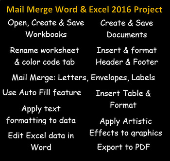 Preview of Excel & Word 2016 Certification Projects - Mail Merge Items for a Restaurant.