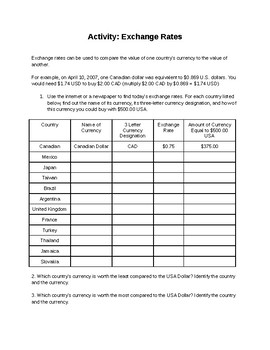 Exchange Rate Worksheet by Innovation Store | Teachers Pay Teachers