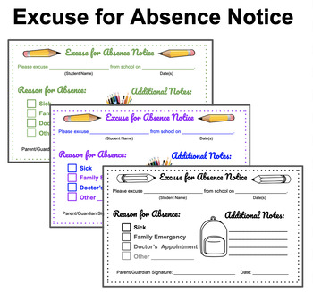 Preview of Excuse for Absence Notice | Back to School - Editable