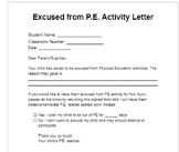 Excused from P.E. Letter and 5 alternate activities