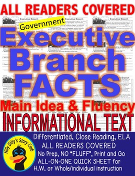 Preview of Executive Branch FUN FACTS CLOSE READING 5 LEVEL PASSAGES Main Idea Fluency TDQ