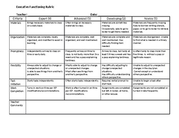 Preview of Executive Functioning Rubric