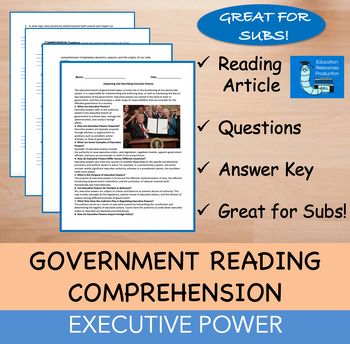 Preview of Executive Power - Reading Comprehension Passage & Questions