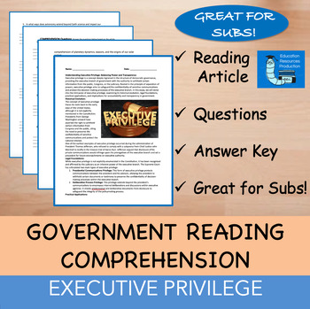 Preview of Executive Power - Reading Comprehension Passage & Questions