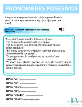 Preview of Exercice d'espagnol : Los pronombres posesivos