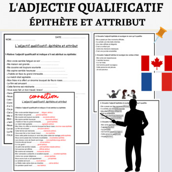 Preview of Exercices sur L'adjectif qualificatif épithète et attribut ''French Grammar''