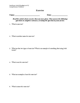 Preview of Exercise Article (Reading Level 1) Comprehension Worksheet