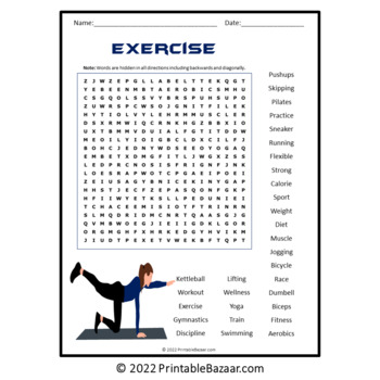 Exercise Word Search Puzzle - No Prep Activity Printable PDF