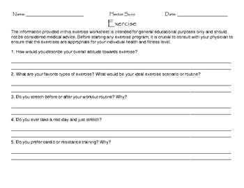 Preview of Exercise Worksheet For Physical Fitness, Health, & Wellness