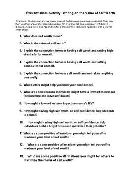Preview of Existentialism Activity: What is the Value of Self Worth? Writing and Discussion