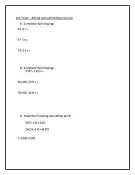 Preview of Exit Ticket - Adding and Subtracting Decimals