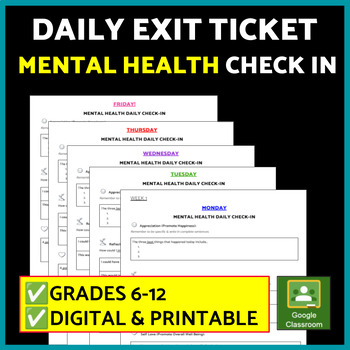 Preview of Exit Ticket Template Mental Health Daily Journal Middle/ High School SEL