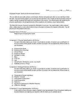 Preview of Exoplanet Project: Earth and Environmental Science (Earth in the Universe Unit)