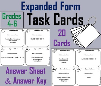 Preview of Expanded Form Task Cards Activity 4th 5th 6th Grade