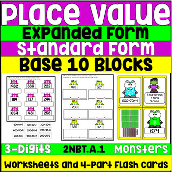 Preview of Three-Digit Place Value, Expanded Form, Base-10 Worksheets and Flash Cards