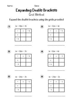 Preview of Expanding Double Brackets using the Grid Method- Printable Worksheet
