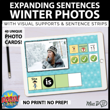Preview of Expanding Sentences WH Questions Visual Supports: Winter Edition BOOM CARDS™