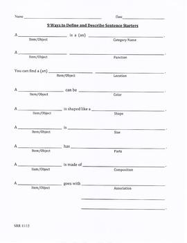 Preview of Expanding Vocabulary with 9-Ways to Define & Describe Sentence Starters