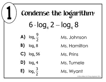 Expanding and Condensing Logarithms Math Lib by All Things Algebra