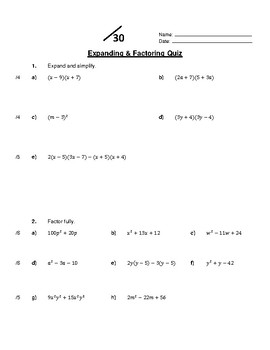 Preview of Quiz: Expanding and Factoring