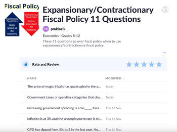 Preview of Expansionary/Contractionary Fiscal Policy 8 Questions Plickers/Exit Ticket
