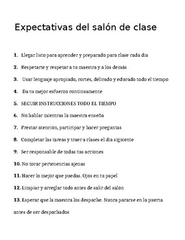 Preview of Expectativas del salon de clase / Classroom Expectations (in Spanish)