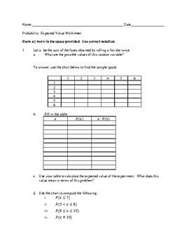 Preview of Expected Value Worksheet