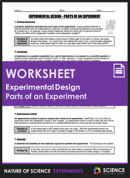 Preview of Experimental Design & Parts of an Experiment Worksheet with Reading and Review