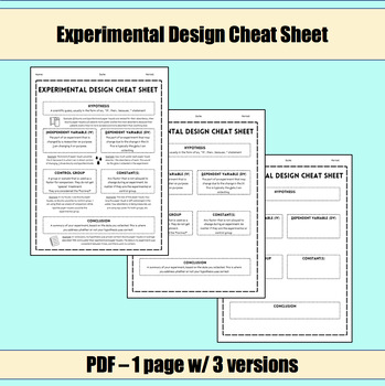 Preview of Experimental Design Vocabulary Cheat Sheet (3 Versions)