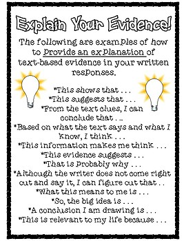 Explain Your Evidence Text Based Writing Sentence Starters | TpT