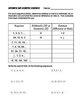 Explicit Form of Arithmetic and Geometric Sequences Worksheet | TpT
