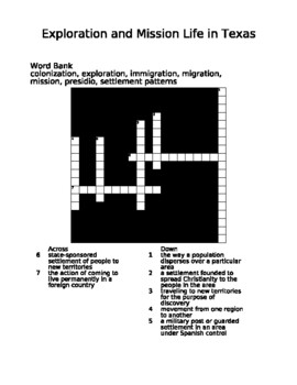 Exploration and Mission Life in Texas Crossword with Answer Key TPT
