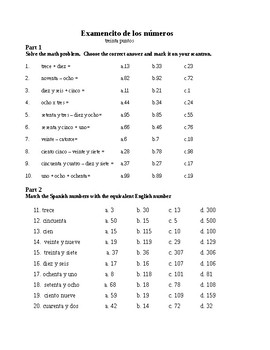 Preview of Exploratory Spanish 1 Numbers Quiz Multiple Choice 0-100 Scantron Test