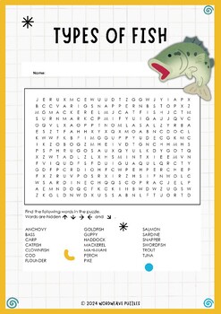 Preview of Explore Aquatic Life: Types of Fish Worksheet Activity and Word Search Puzzle