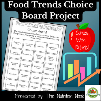 Preview of Explore Food Trends Choice Board Project & Rubric: Great for Health or FCS Class