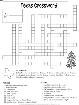 Texas Crossword Puzzle by Ann Fausnight Teachers Pay Teachers